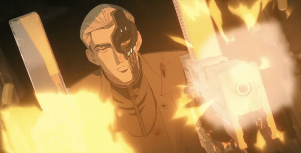 'Trigun Stampede' Ep. 6 "Once Upon a Time in Hopeland" screenshot showing Livio from the front, blazing away with his cross SMGs.