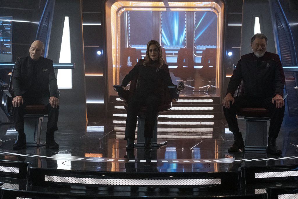 Patrick Stewart as Picard, Jonathan Frakes as Riker and Jeri Ryan as Seven of Nine in "The Next Generation" Episode 301, Star Trek: Picard on Paramount+. Photo Credit: Trae Patton/Paramount+. ©2021 Viacom, International Inc. All Rights Reserved.