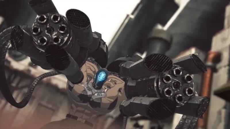 Trigun Stampede Ep. 5 "Child of Blessing" screenshot showing Rollo in the present day as a super-buff combat cyborg.