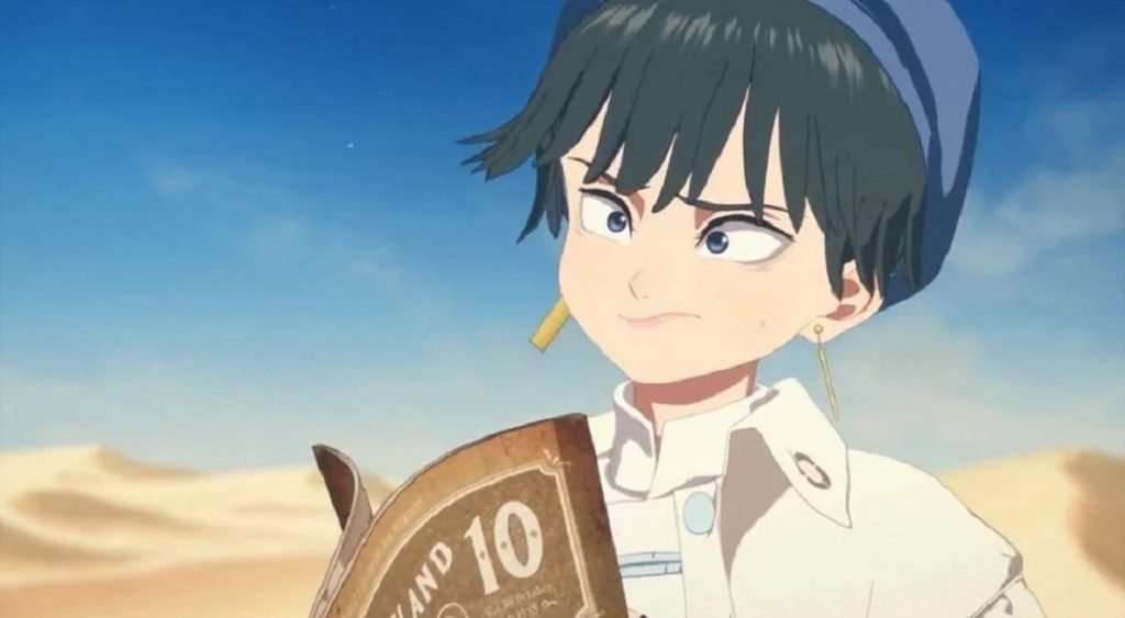 'Trigun Stampede' Ep. 6 "Once Upon a Time in Hopeland" screenshot showing Meryl with a silly face as she looks at a magazine.