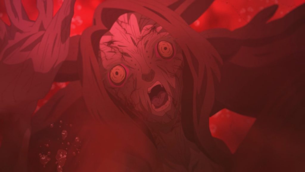 'Trigun Stampede' Ep. 9 "Millions Knives" screenshot showing a suffering Plant dissolving into dust in its tank. All while bathed in an eerie red light to boot.