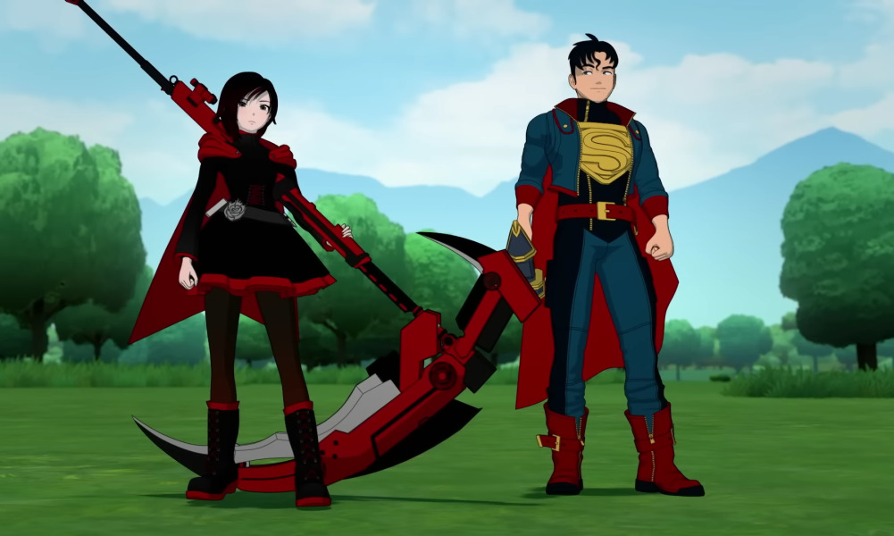 'Justice League x RWBY: Super Heroes & Huntsmen Part One' screenshot depicting Ruby Rose and Clark Kent/Superman standing together as a team.