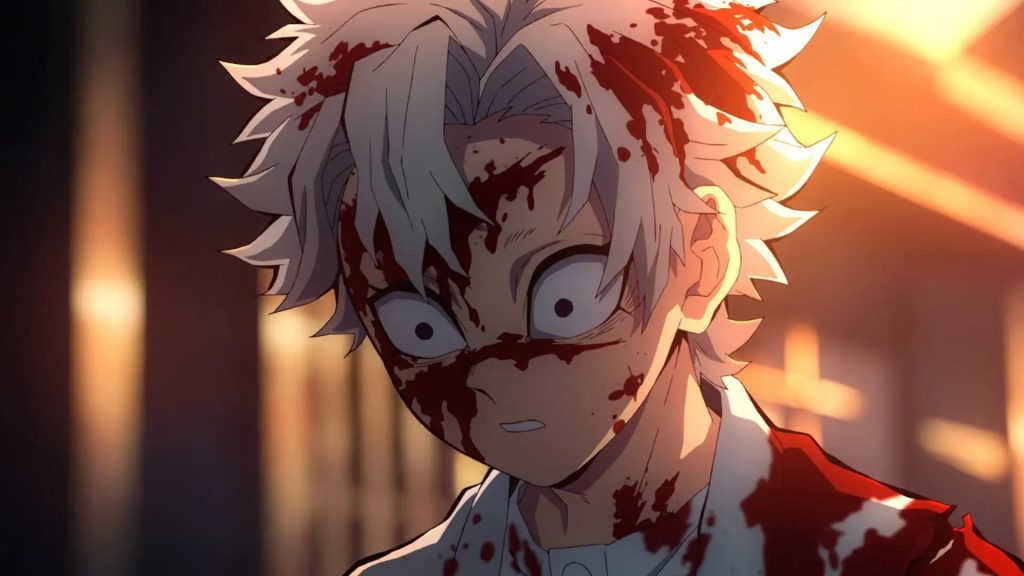 'Demon Slayer: Kimetsu no Yaiba – Swordsmith Village Arc' Ep. 6 "Aren't You Going to Become a Hashira?" screenshot depicting a very traumatized young Sanemi after killing the Demon that used to be his mom.