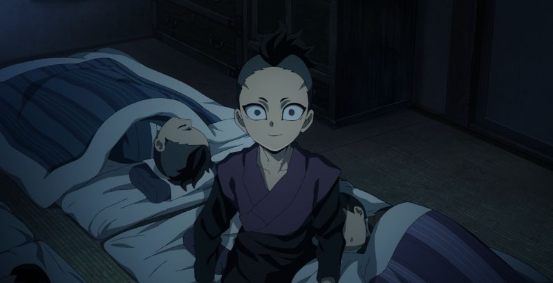 'Demon Slayer: Kimetsu no Yaiba – Swordsmith Village Arc' Ep. 6 "Aren't You Going to Become a Hashira?" screenshot depicting a smiling little Genya with his family.