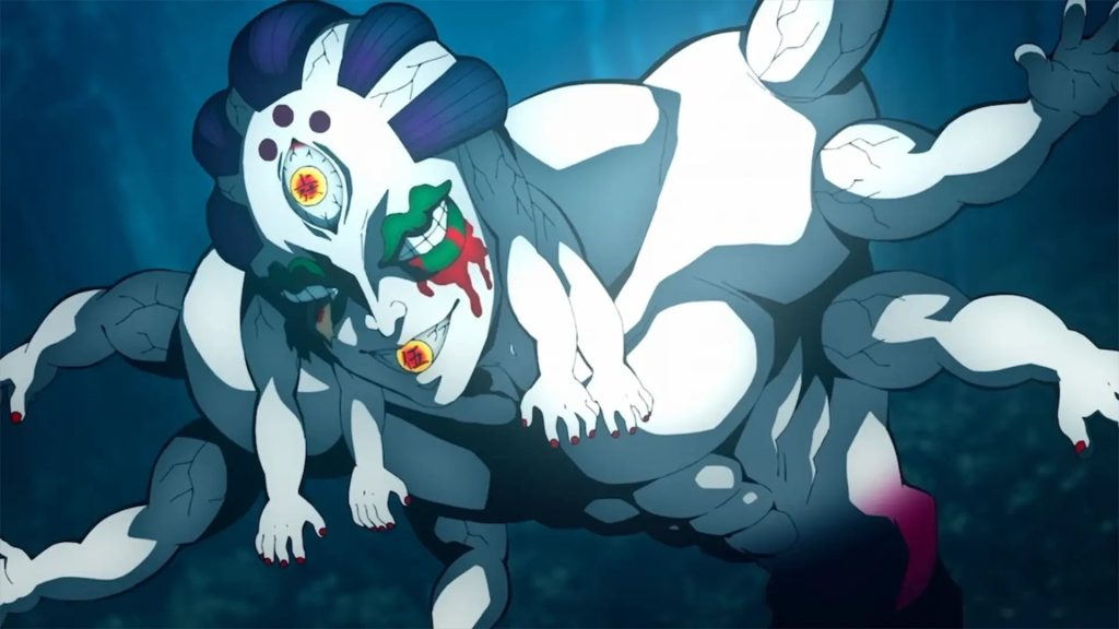'Demon Slayer: Kimetsu No Yaiba – Swordsmith Village Arc' Ep. 5 "Bright Red Sword" screenshot depicting Gyokko popping out of his jar like an evil weasel.