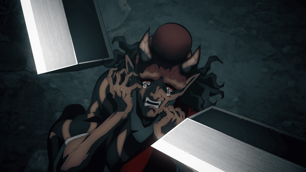 'Demon Slayer: Kimetsu no Yaiba – Swordsmith Village Arc' Ep. 6 "Aren't You Going to Become a Hashira?" screenshot depicting tiny Hantengu breaking a sword swung into his neck.