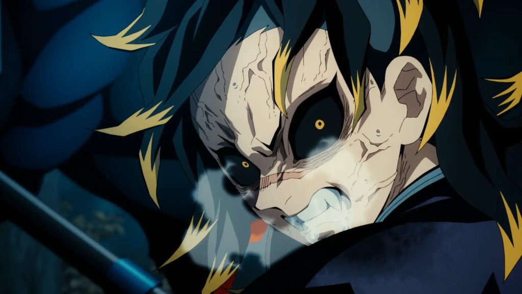 'Demon Slayer: Kimetsu no Yaiba – Swordsmith Village Arc' Ep. 6 "Aren't You Going to Become a Hashira?" screenshot depicting Genya holding Aizetsu's beheaded body and looking a bit demonic.