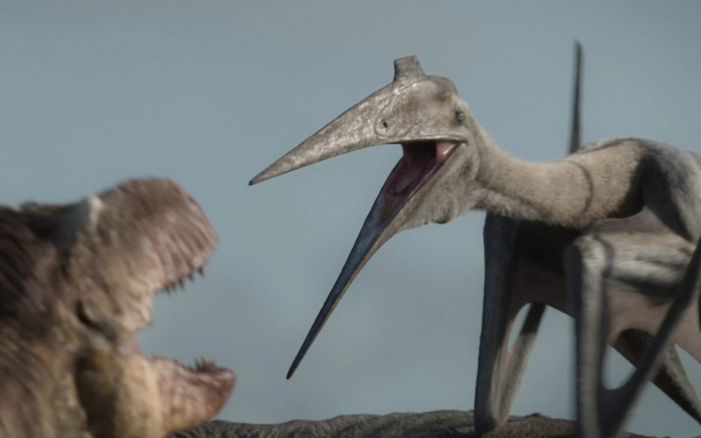 Prehistoric Planet season 2 screenshot depicting a Quetzalcoatlus trying to scare off a Tyrannosaurus, and succeeding.