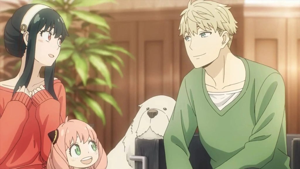 Spy x Family anime screenshot depicting the entire Forger family (including Bond) relaxing in their home.