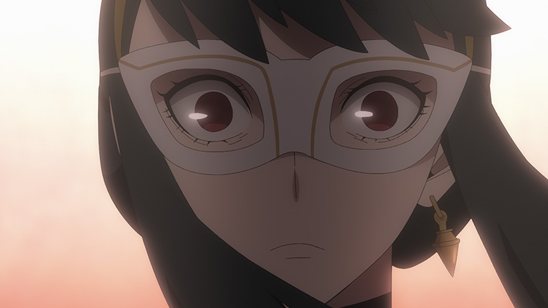 Spy x Family season 2 Ep. 6 "The Fearsome Luxury Cruise Ship" screenshot depicting a masked Yor with a terrifying expression on her face.