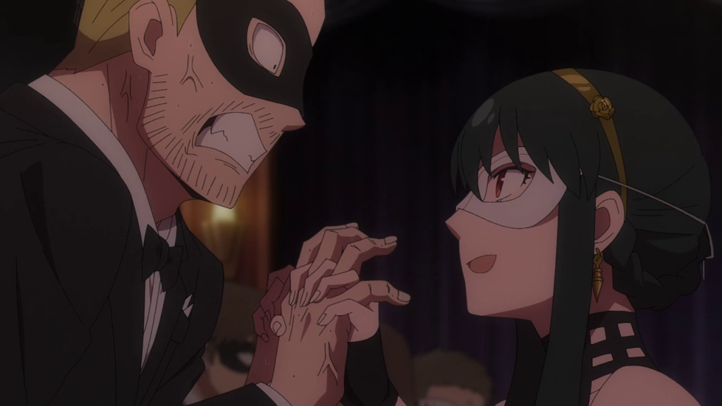 Spy x Family season 2 Ep. 6 "The Fearsome Luxury Cruise Ship" screenshot depicting a masked Yor having a "friendly dance" with an assassin.