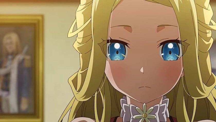 Sasaki and Peeps Ep. 3 "The War and the Young Lady" screenshot showing Elsa frowning in the shadow of a painting of her and her father.