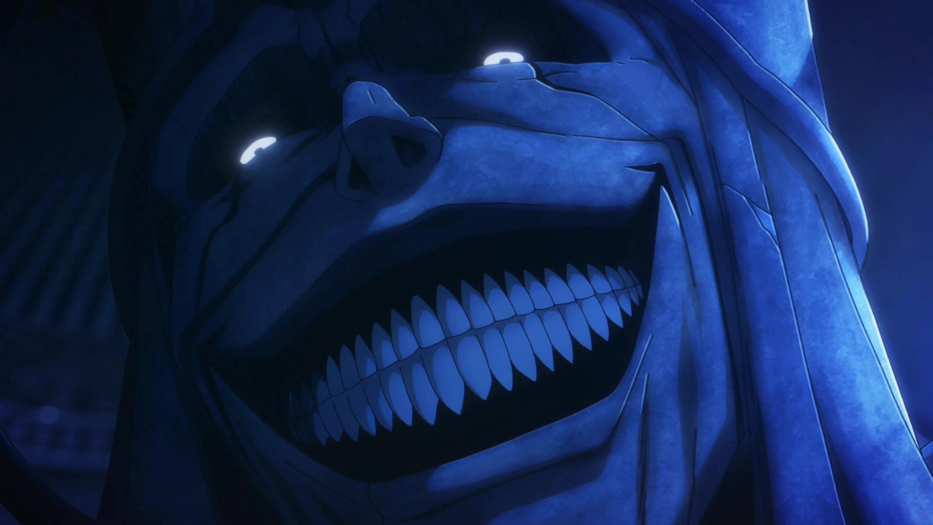 Solo Leveling Ep. 2 "If I Had One More Chance" screenshot showing the God statue with a slasher smile.