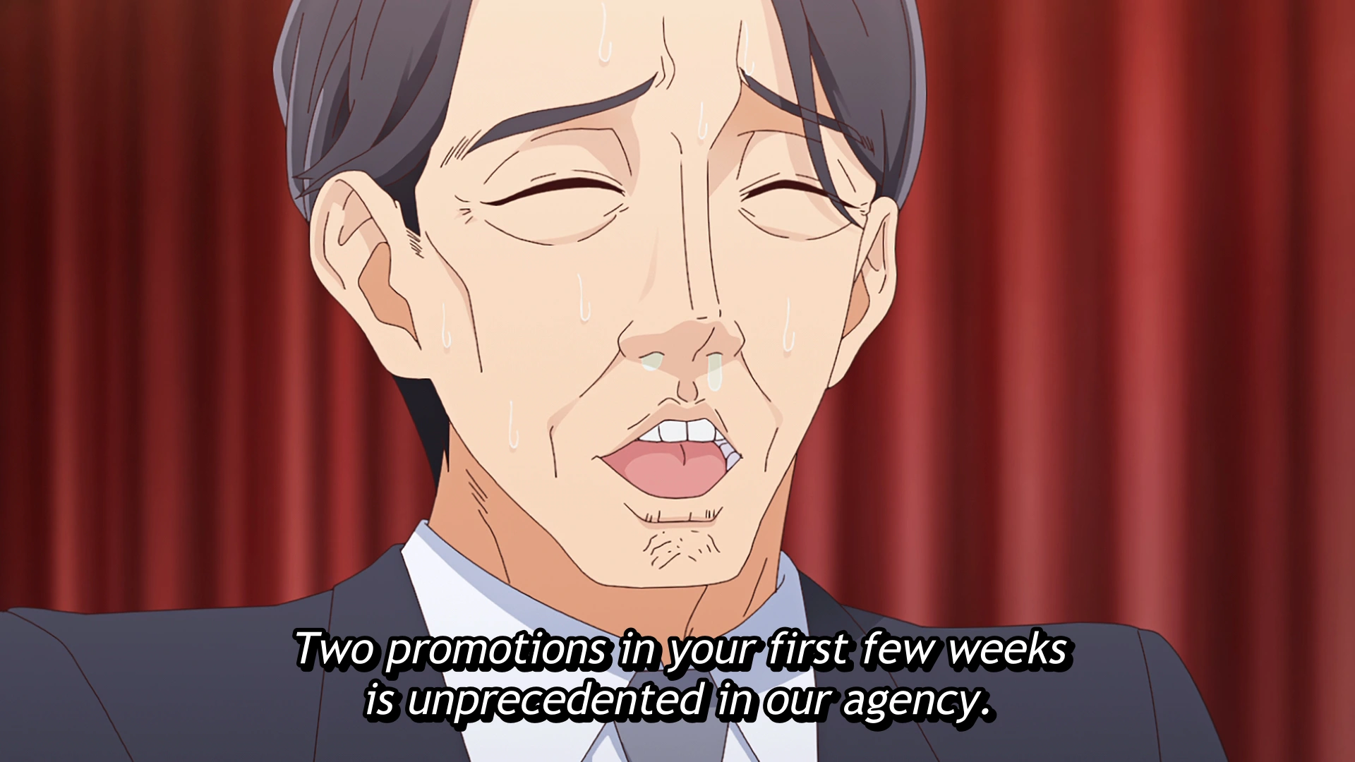 Sasaki and Peeps Ep. 6 "Interview and Wine and Dine" screenshot showing Sasaki's reaction to being promoted.