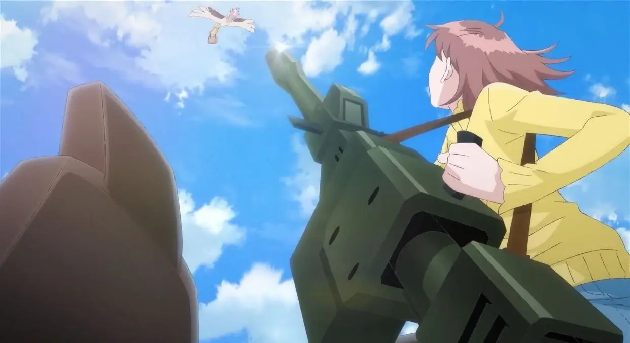 Astro Note Ep. 3 screenshot showing Mira wielding a massive cannon she pulled out of hammerspace.
