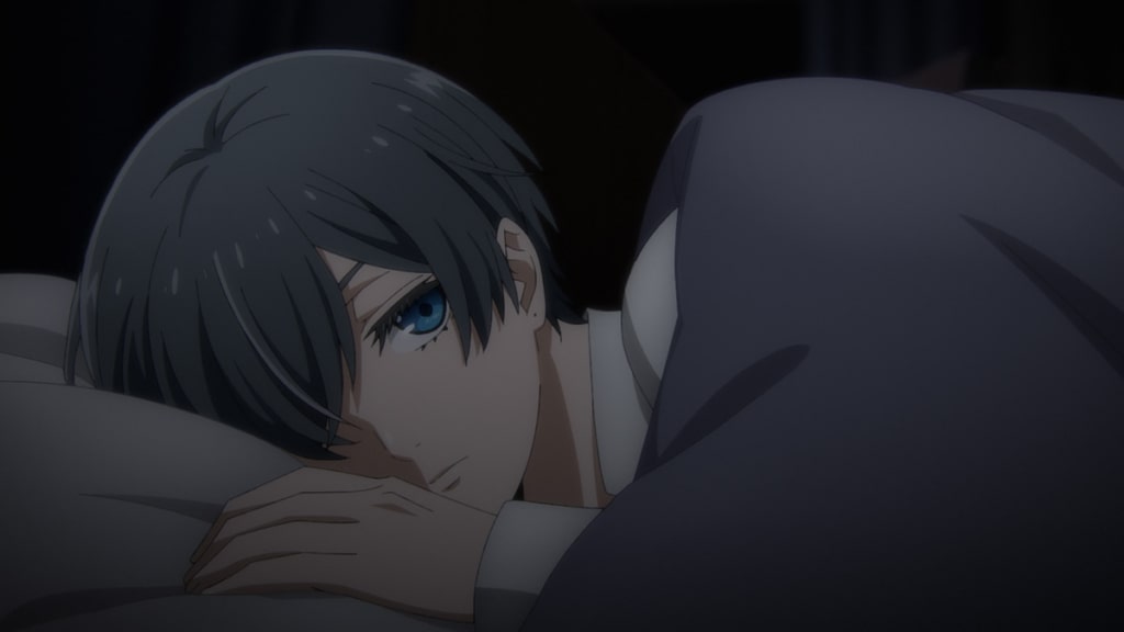 Black Butler -Public School Arc- Ep. 3 "His Butler, Plotting" screenshot showing Ciel in bed, being all broody.