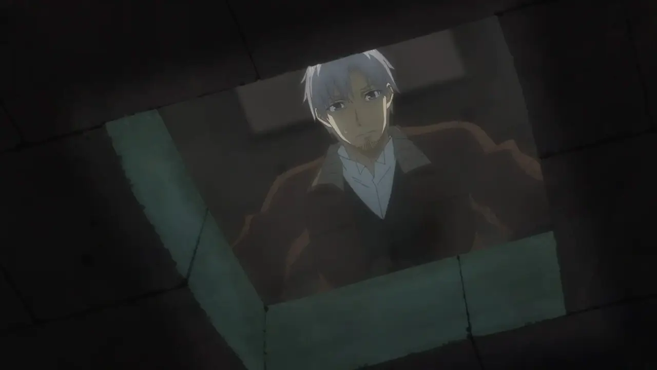 Spice and Wolf: MERCHANT MEETS THE WISE WOLF Ep. 5 "Wolf Incarnate and Obedient Lamb" screenshot showing Lawrence staring down into a hole in the street.