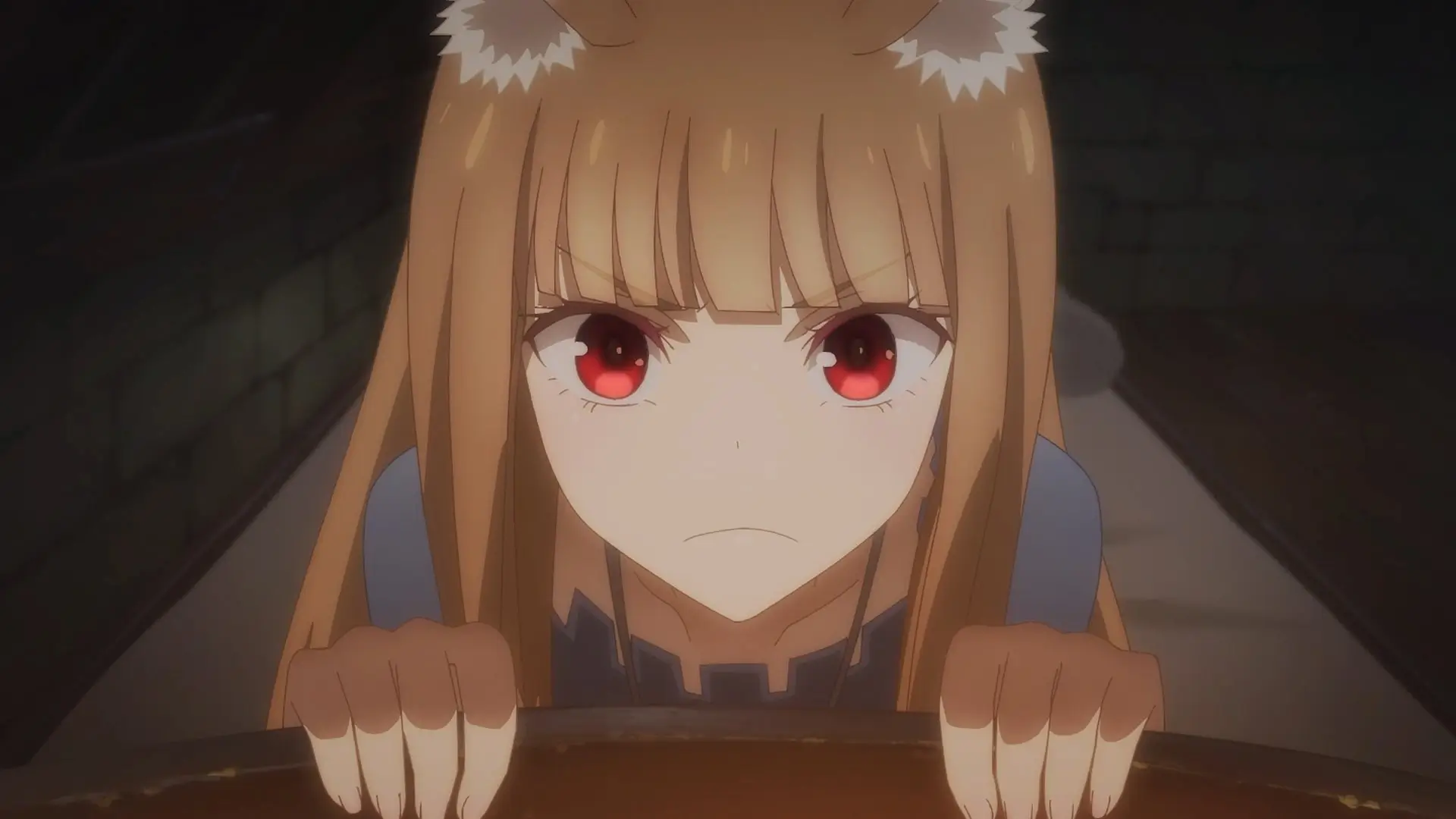 Spice and Wolf: MERCHANT MEETS THE WISE WOLF Ep. 2 "Mischievous Wolf and No Laughing Matter" showing a slightly angry Holo.