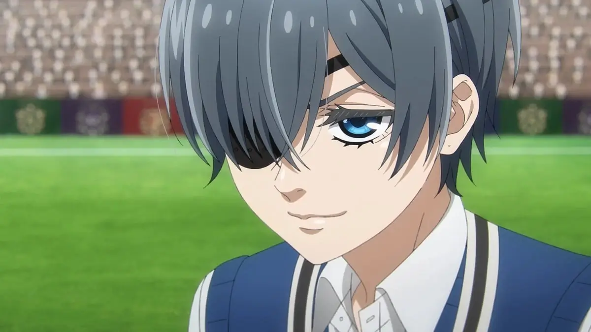 Black Butler -Public School Arc- Ep. 7 "His Butler, Final Match" screenshot showing Ciel smirking during a cricket match.