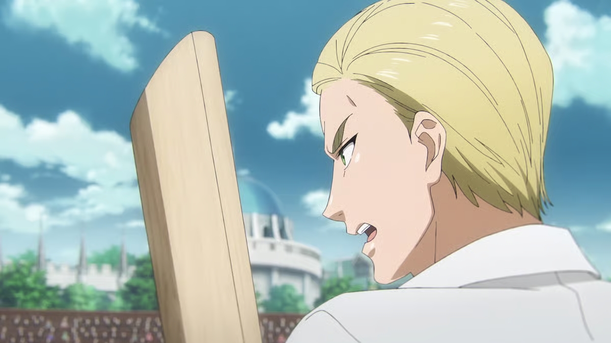 Black Butler -Public School Arc- Ep. 7 "His Butler, Final Match" screenshot showing Herman Greenhill holding a cricket bat.