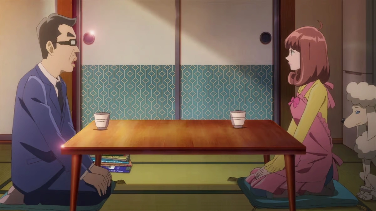 Astro Note Ep. 9 screenshot showing Tomihiro talking seriously with Mira, with Naosuke off to the side.