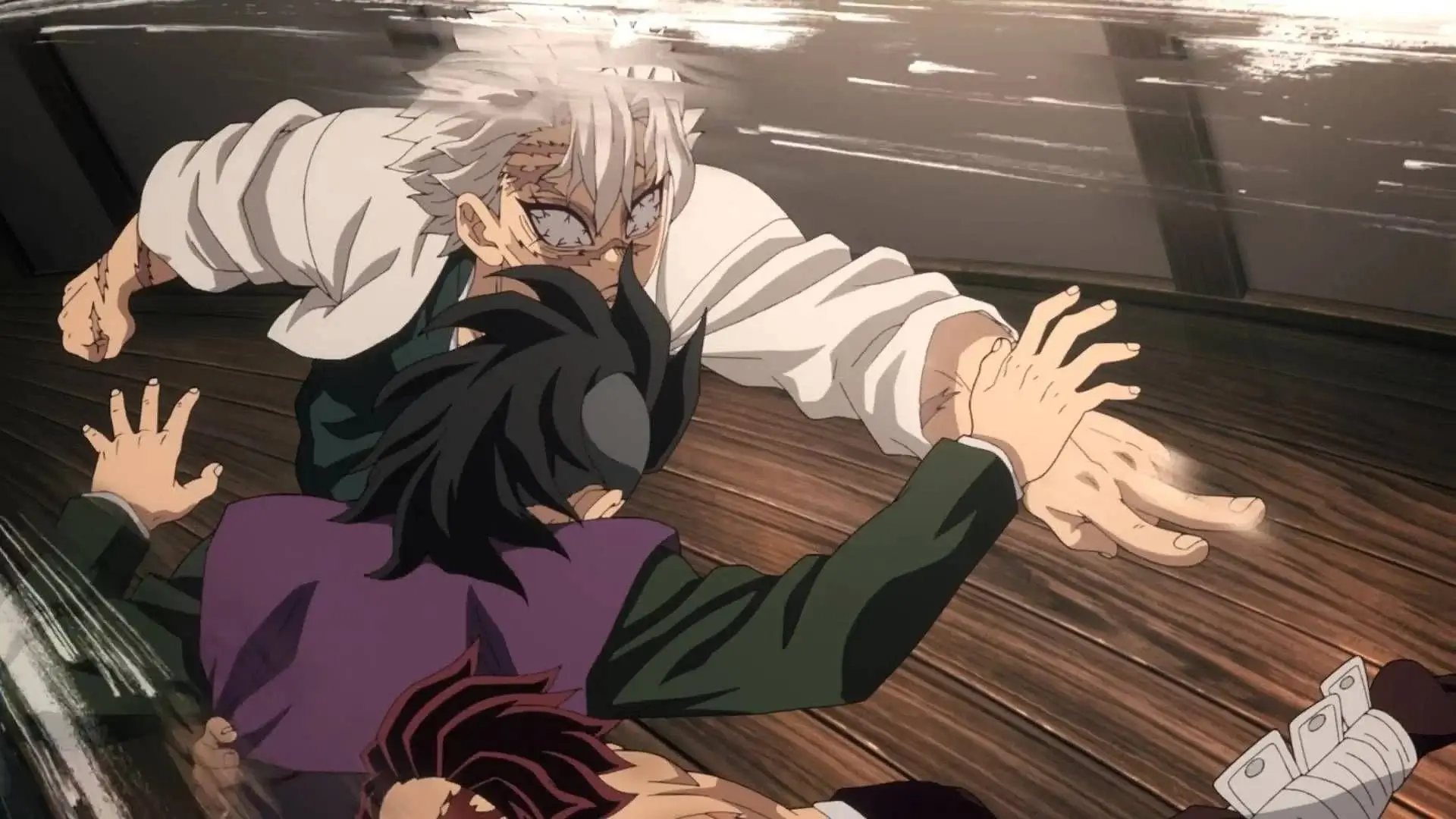 Demon Slayer: Kimetsu no Yaiba - Hashira Training Arc Ep. 5 "I Even Ate Demons" screenshot showing Tanjiro shoving Genya out of the way of Sanemi's crippling strike.