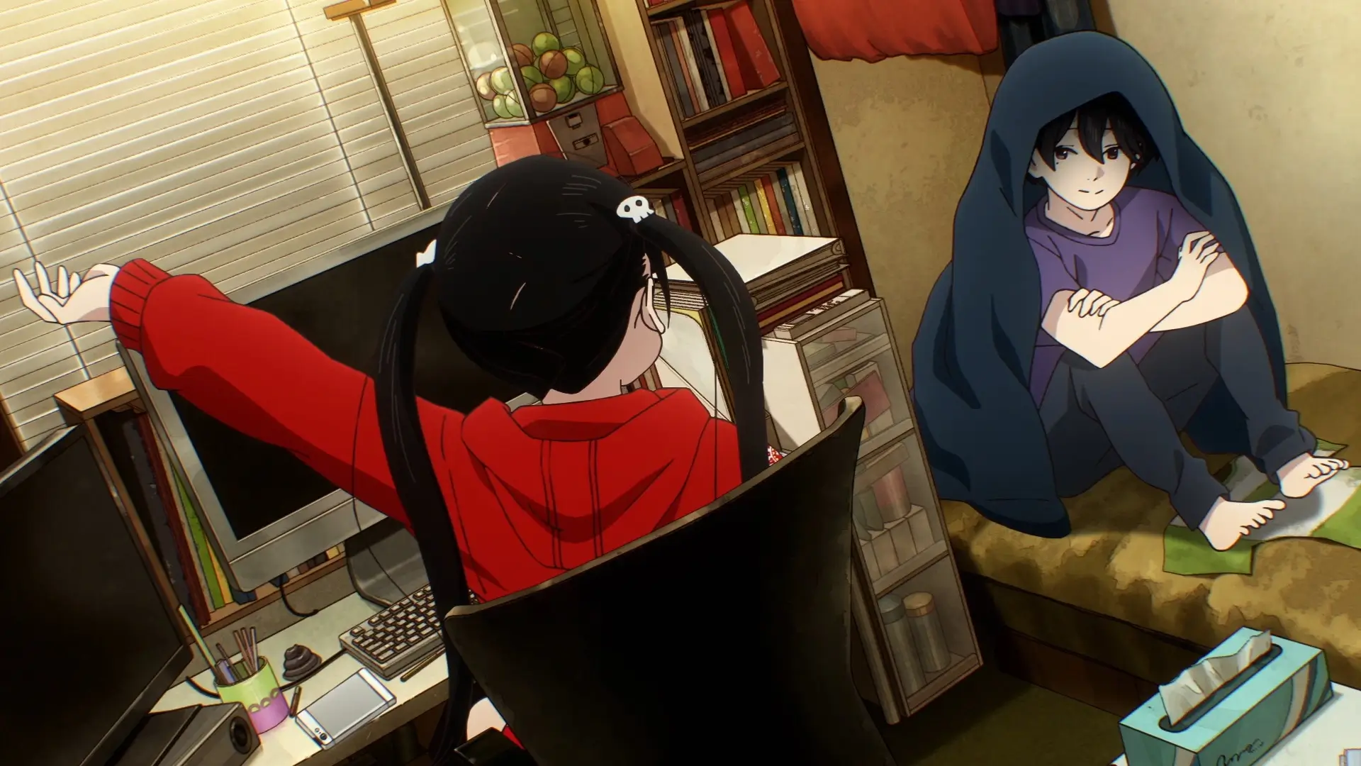 DEAD DEAD DEMONS DEDEDEDE DESTRUCTION Ep. 9 screenshot showing Oran finding Keita in a bed.