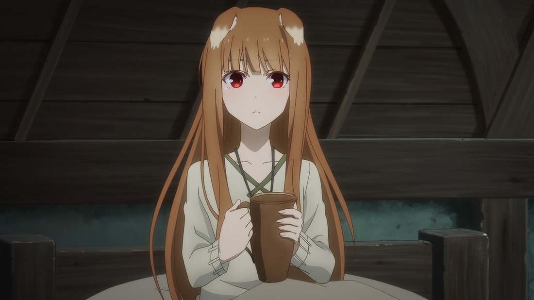 Spice and Wolf: MERCHANT MEETS THE WISE WOLF Ep. 13 "Supper of Three and Afternoon of Two" screenshot showing Holo in bed with a small jug of watered-down apple wine.
