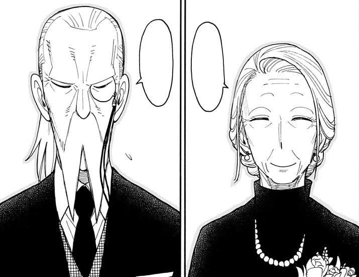 Spy x Family Mission 102 panel showing Henry and Martha happily chatting with each other.