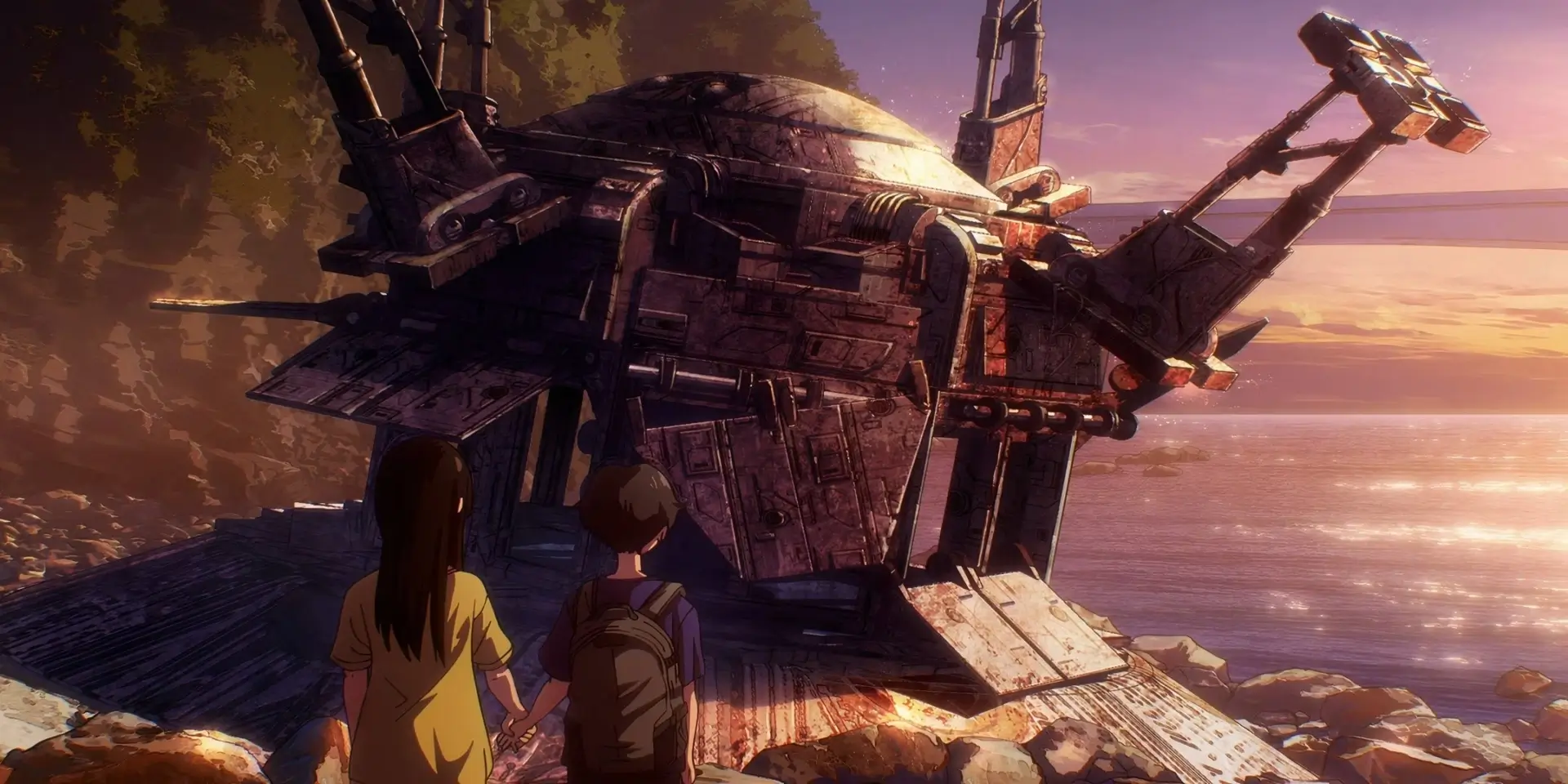 DEAD DEAD DEMONS DEDEDEDE DESTRUCTION Ep. 12 screenshot showing Ontan and Keita holding hand as they look at a crashed spaceship.