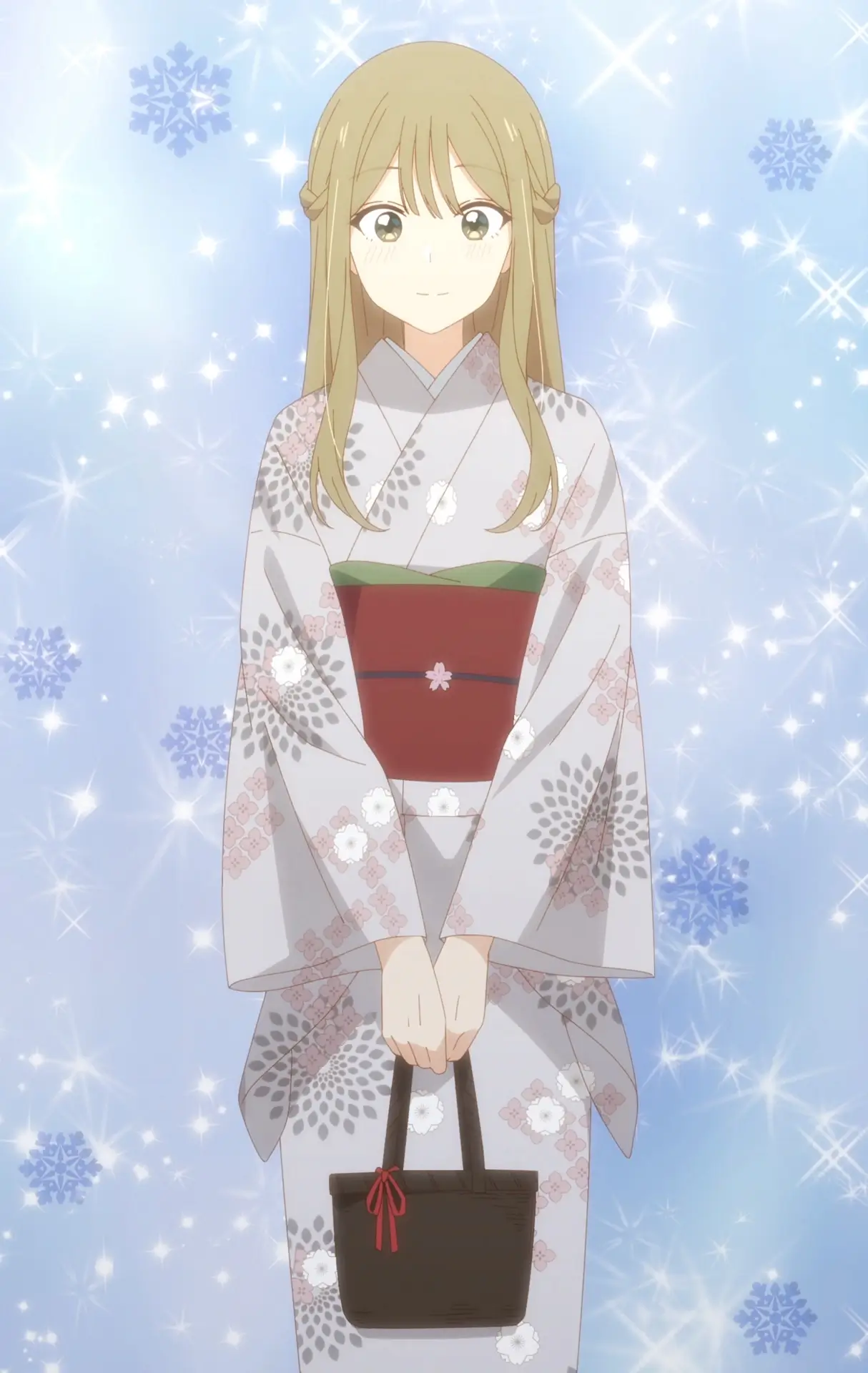 Senpai is an Otokonoko Ep. 11 "Used to Be Friends" screenshot showing Makoto in a winter-themed kimono.