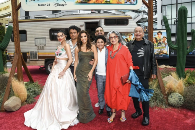 LOS ANGELES, CALIFORNIA - MARCH 26: (L-R) Paulina Chávez, Jesse Garcia, Eva Longoria, Thom Nemer, Rose Portillo and Cheech Marin attend the LA premiere of Alexander and the Terrible, Horrible, No Good, Very Bad Road Trip on March 26, 2025 in Los Angeles, California. (Photo by Alberto E. Rodriguez/Getty Images for Disney)
