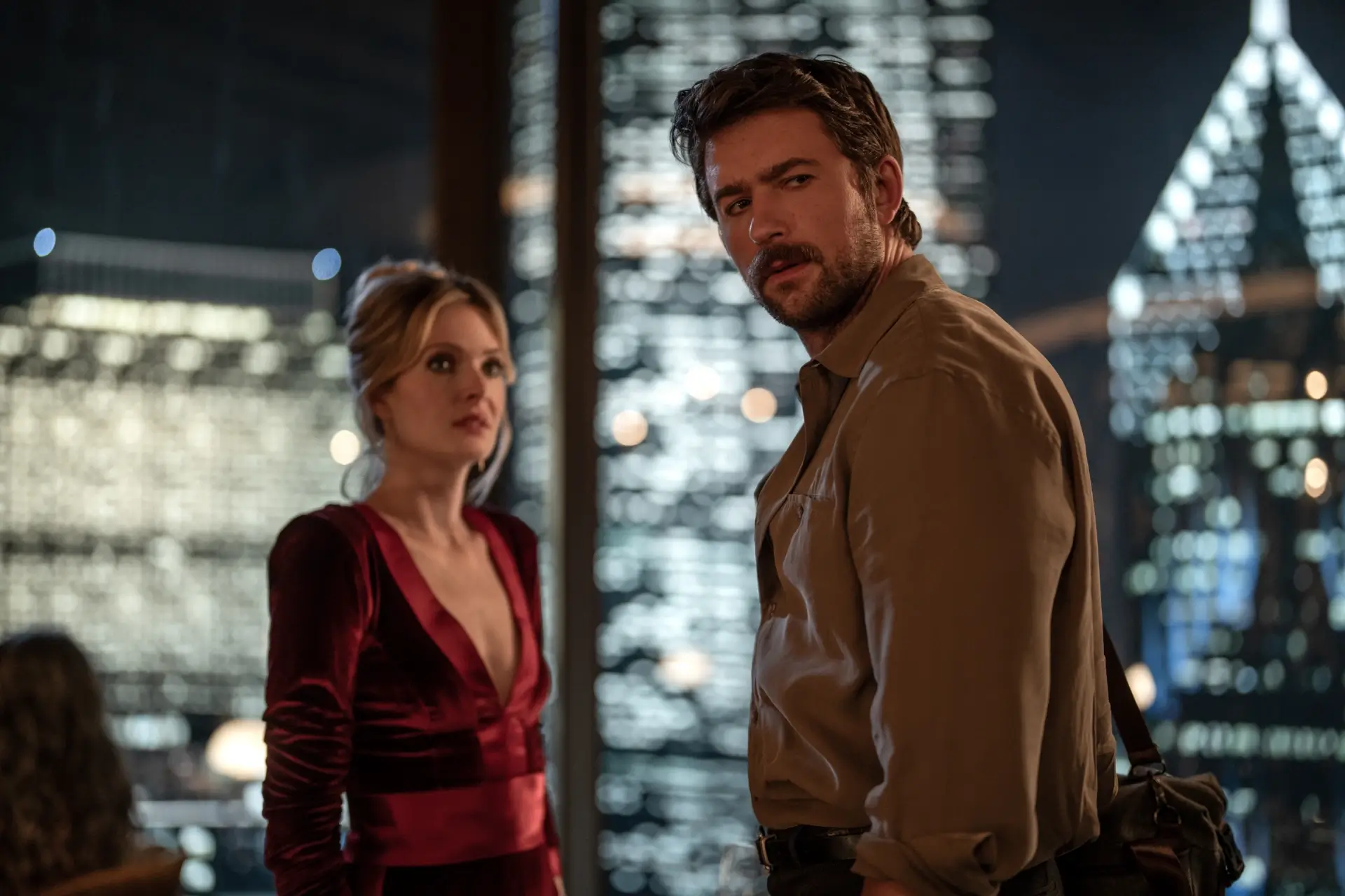 Violet (Meghann Fahy) and Henry (Brandon Sklenar) in Drop, directed by Christopher Landon.