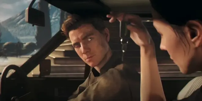 Patrick Gibson shoots a questioning look from the driver's side in 007 First Light.