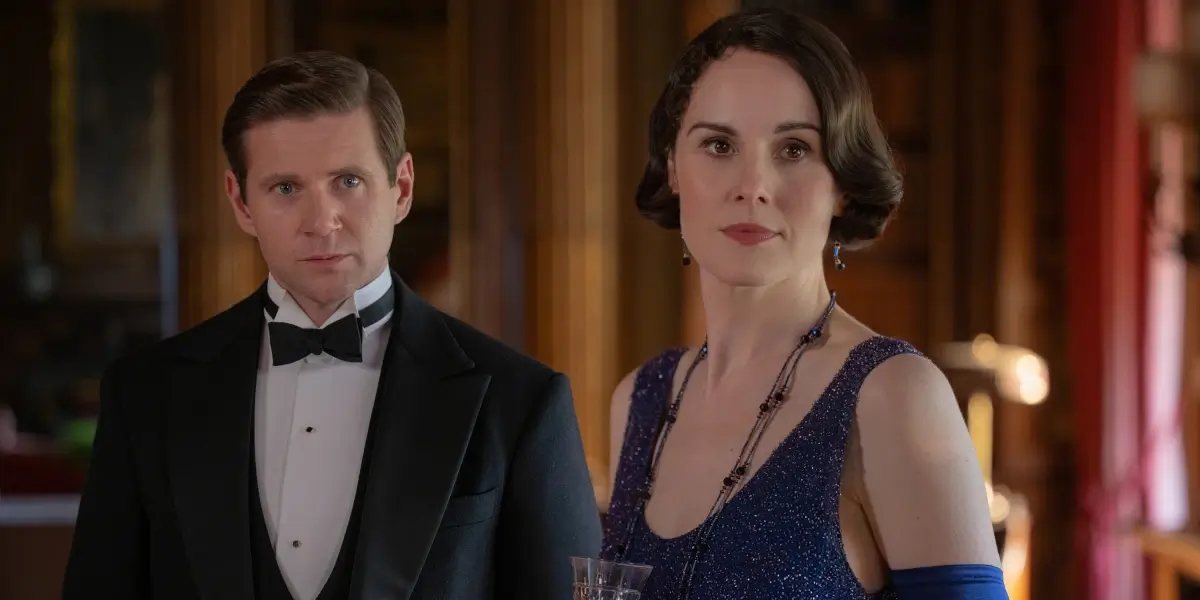 Downton Abbey The Grand Finale Allen Leech And Michelle Dockery Stand In The Library In Formal Attire