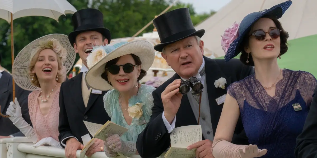 Downton Abbey The Grand Finale Laura Carmichael Harry Hadden Paton Elizabeth McGovern Hugh Bonneville And Michelle Dockery Stand Together Watching A Horse Race