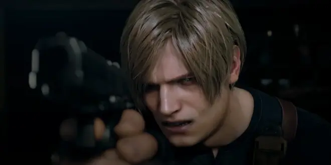 Leon Kennedy angrily aims his gun in Resident Evil 4 Remake.
