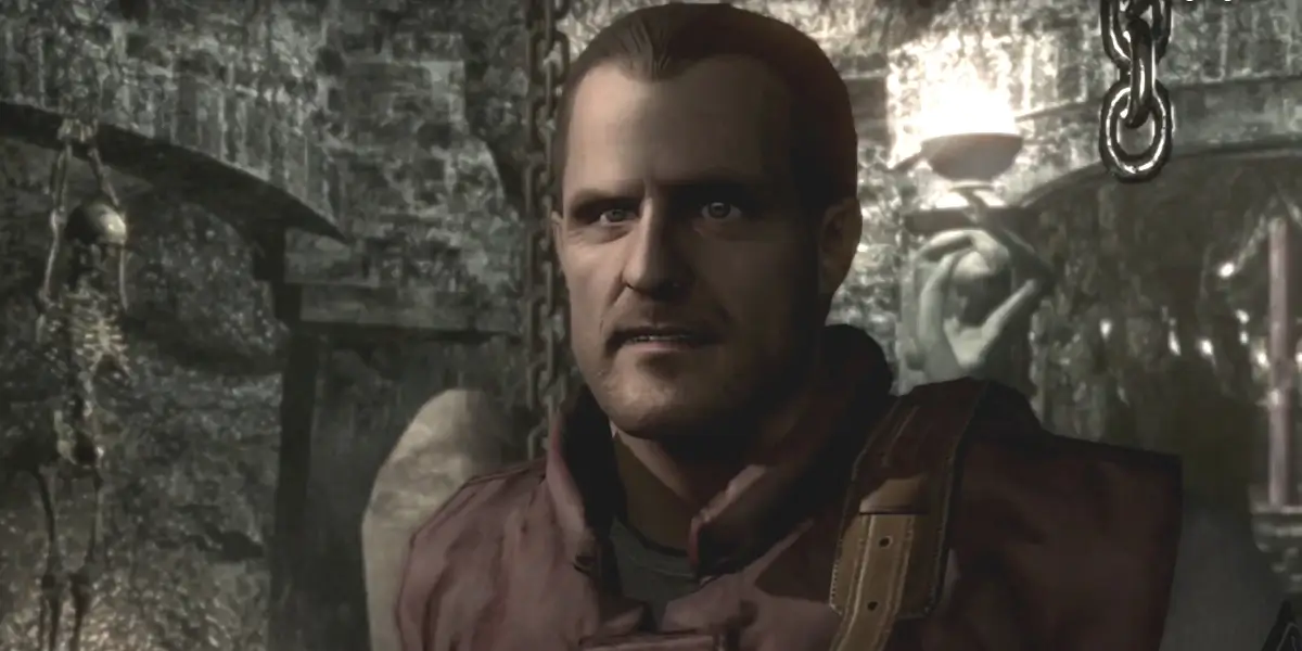Barry Burton stands angrily in an ominous looking room in the Resident Evil remake.