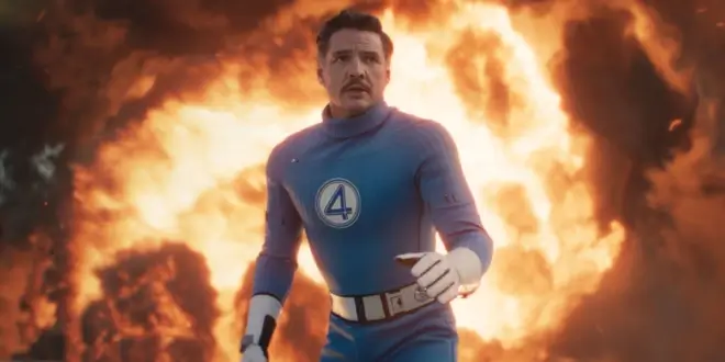 Pedro Pascal stands heroically in front of a fireball in The Fantastic Four: First Steps.