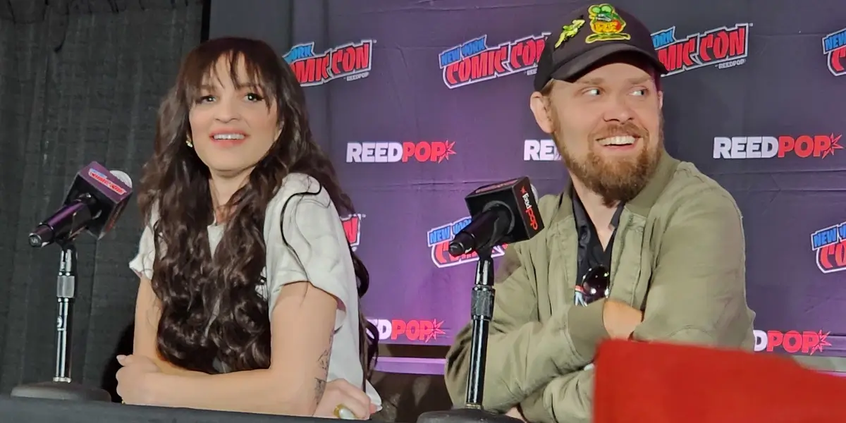 Silent Night Deadly Night Ruby Modine And Mike P Nelson Sit Smiling At Their Panel