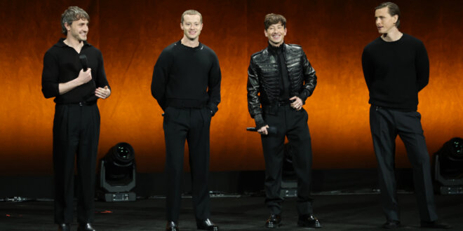 Paul Mescal, Joseph Quinn, Barry Keoghan and Harris Dickinson stand together on the CinemaCon 2025 stage to present The Beatles - A Four-Film Cinematic Event.