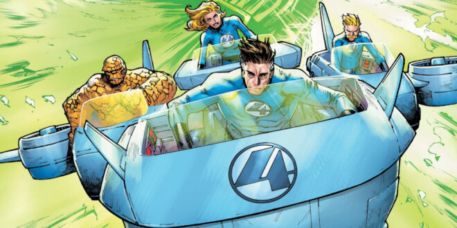 The Fantastic Four fly away from a green energy blast on the cover of Fantastic Four 2025 Issue 3.