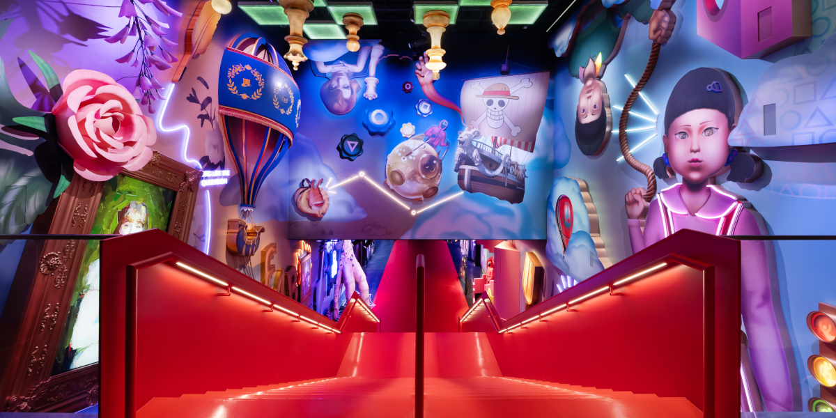 A view of the Netflix House Philadelphia atrium, from atop its staircase.