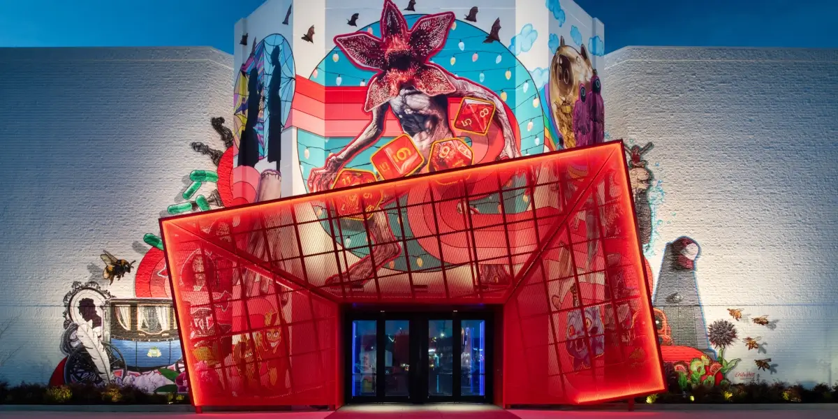 The Netflix House Philadelphia exterior entrance, pictured at night.
