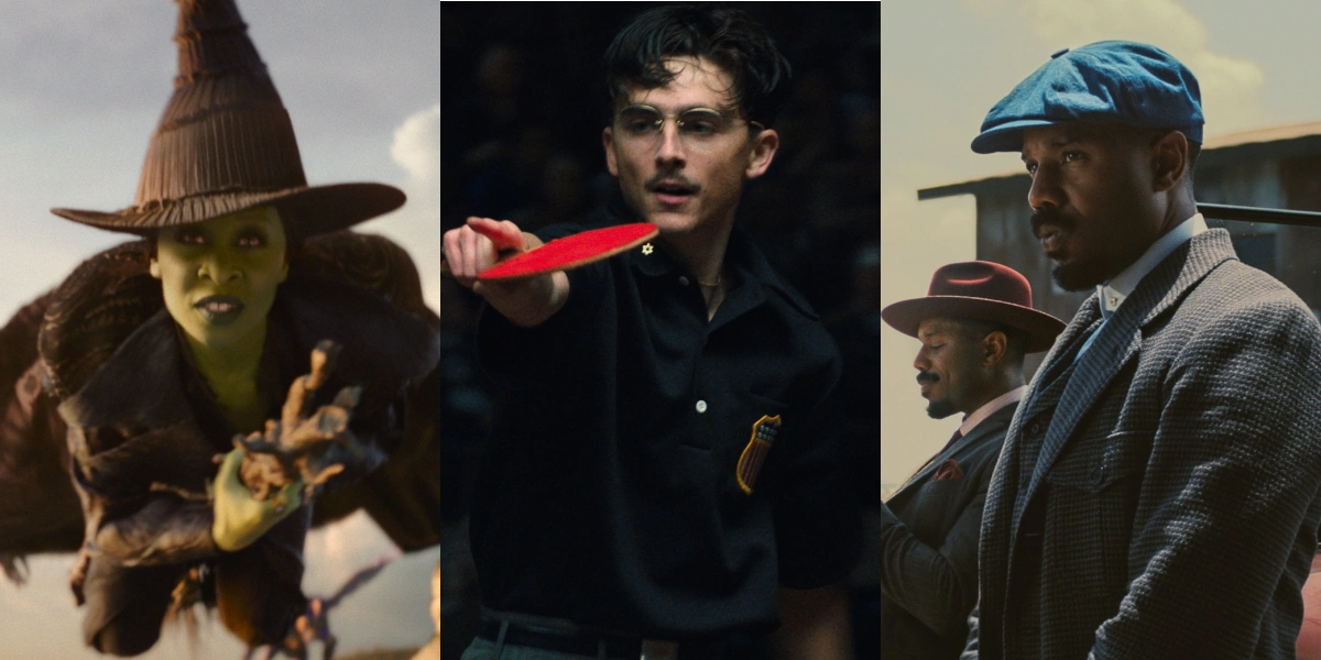 Cynthia Erivo in Wicked: For Good,  Timothee Chalamet playing ping pong in Marty Supreme, and dual Michael B. Jordans in Sinners, pictured next to each other.