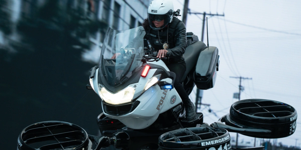 Kali Reis rides into action on an LAPD hoverbike in Mercy.