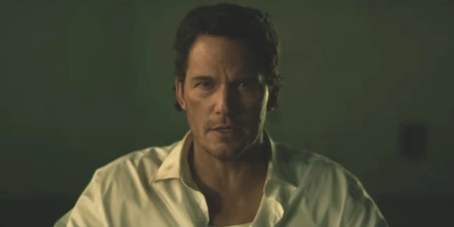 An upset Chris Pratt looks forward in conversation in Mercy.
