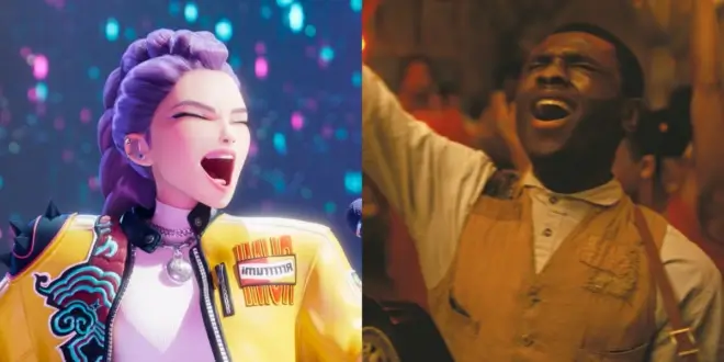 A singing Rumi from KPop Demon Hunters, pictured next to Miles Caton singing in Sinners.