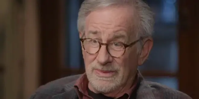 Steven Spielberg sits in conversation during a 2023 interview for The Late Show with Stephen Colbert.