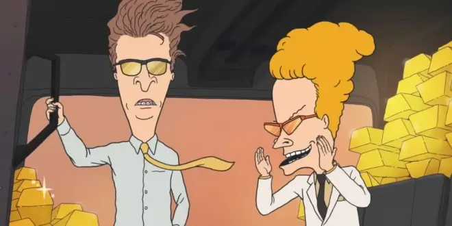 Mike Judge's Beavis and Butt-Head stand well dressed in a helicopter carrying gold bars.